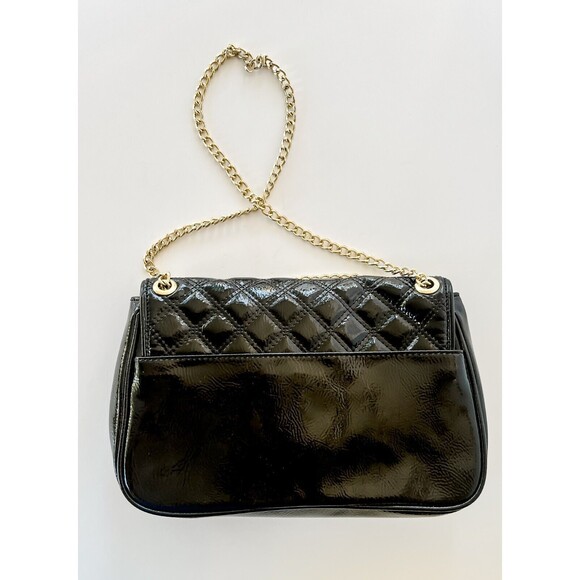 Anne Klein Quilted Black Patent Leather Gold Chain Handbag Purse Green Lining - Picture 2 of 4